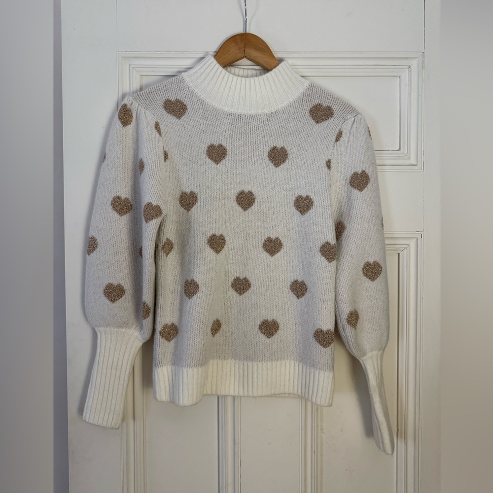 NWT Anthropologie Cream Sweater With Metallic Gold Hearts